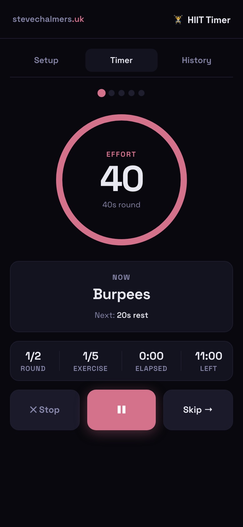 HIIT Timer active workout — ring progress, exercise name, stats